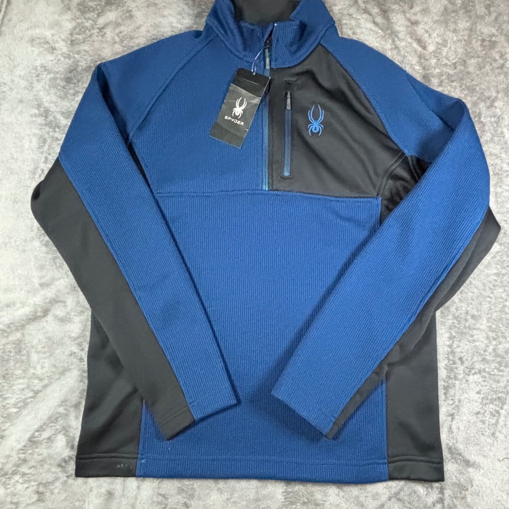 Spyder Mens L Quarter Zip Pullover Blue Black Waffle Knit Athletic Jacket NEW